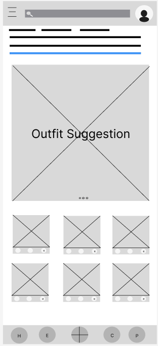 Lo-fi mobile home screen wireframe