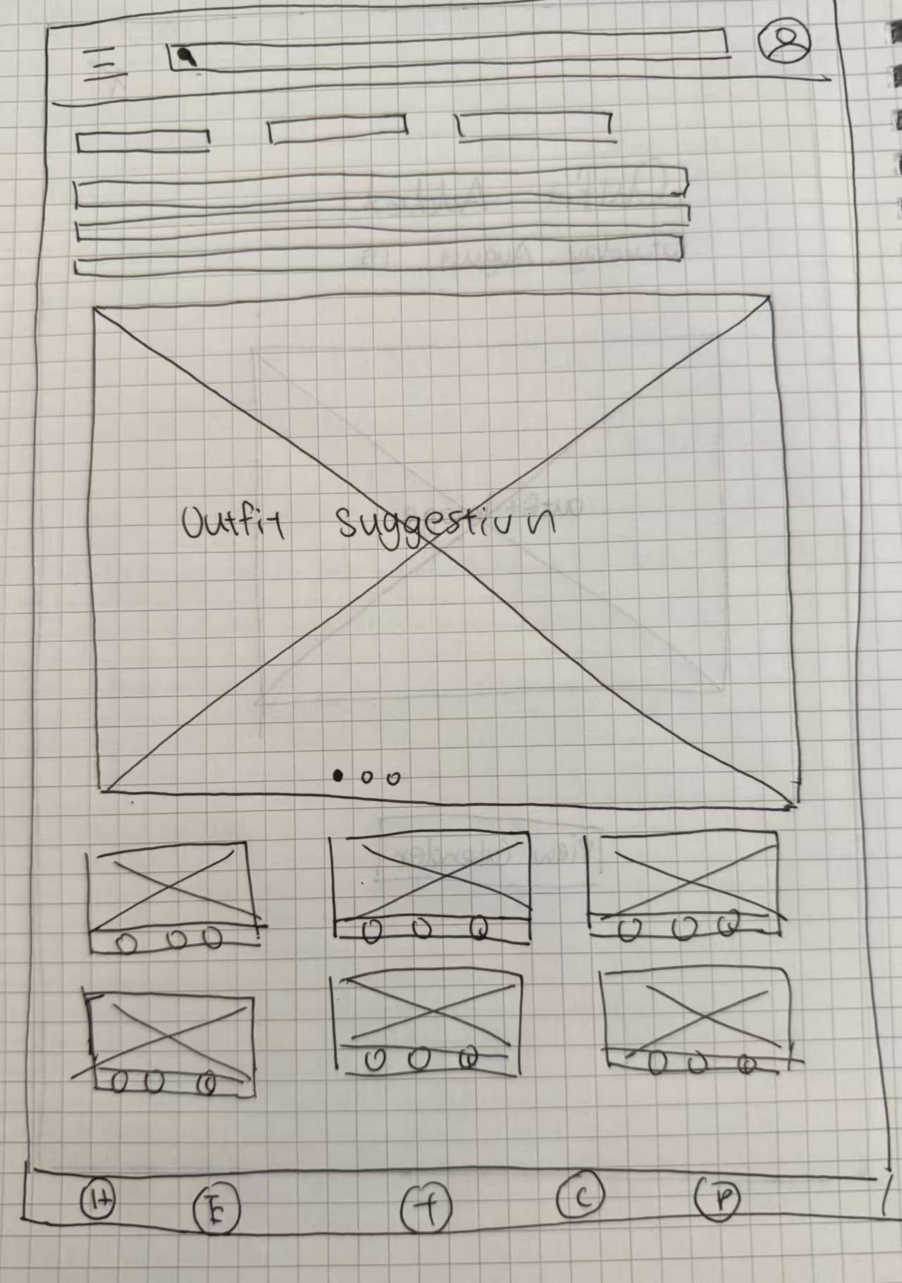Hand-drawn homepage wireframe with search bar, weather, and outfit cards