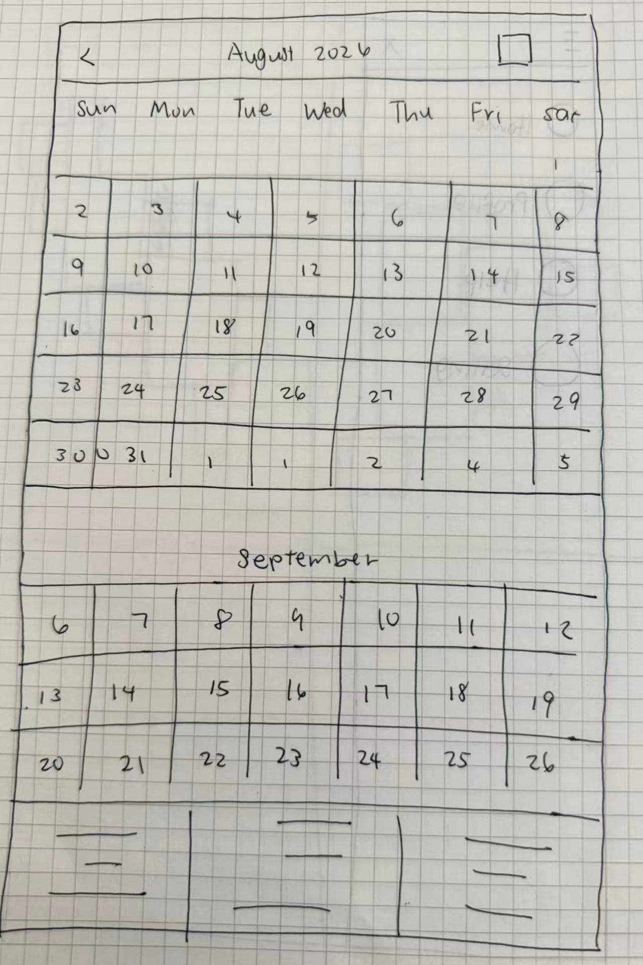 Hand-drawn calendar picker wireframe