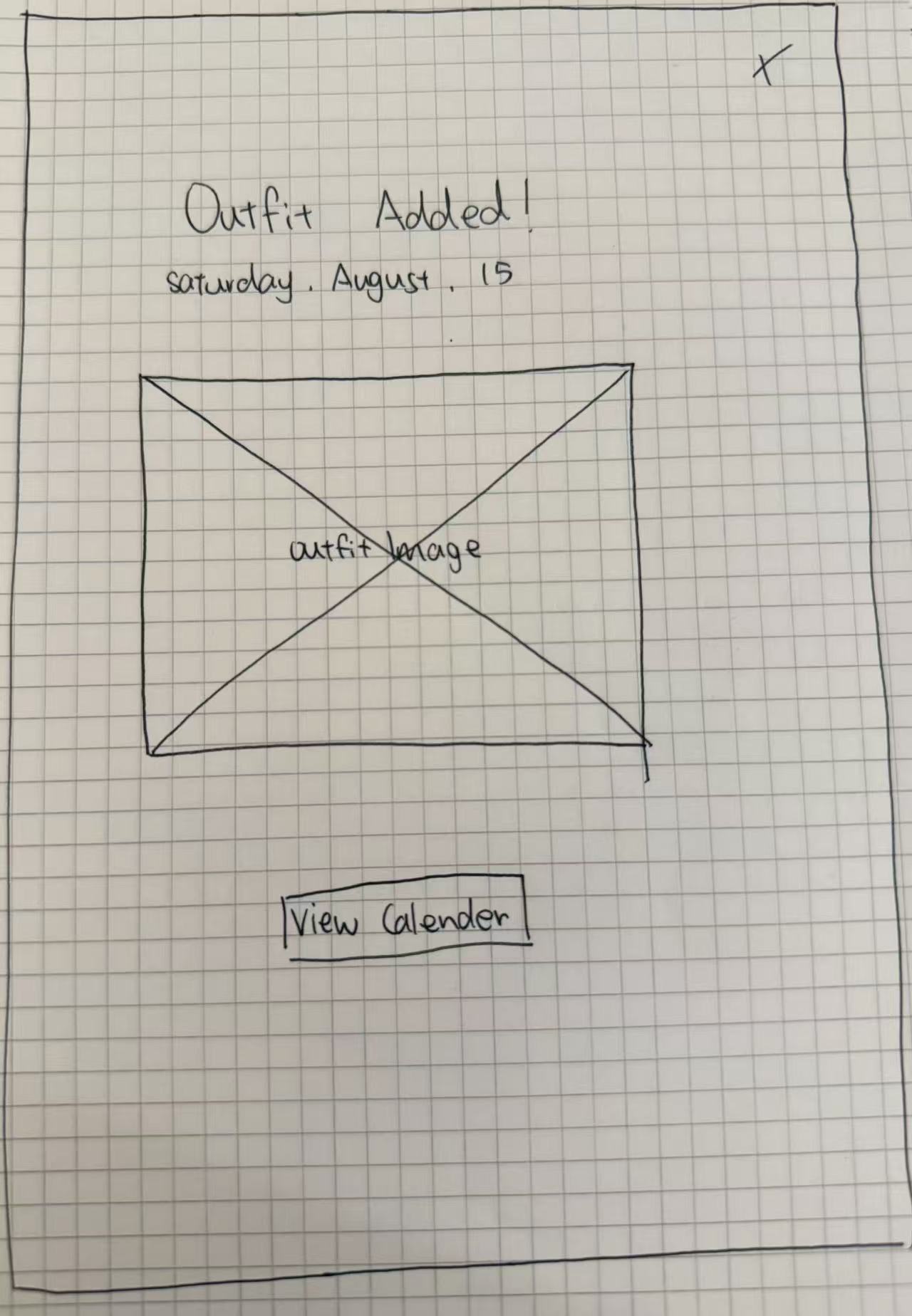 Hand-drawn confirmation wireframe with date and image