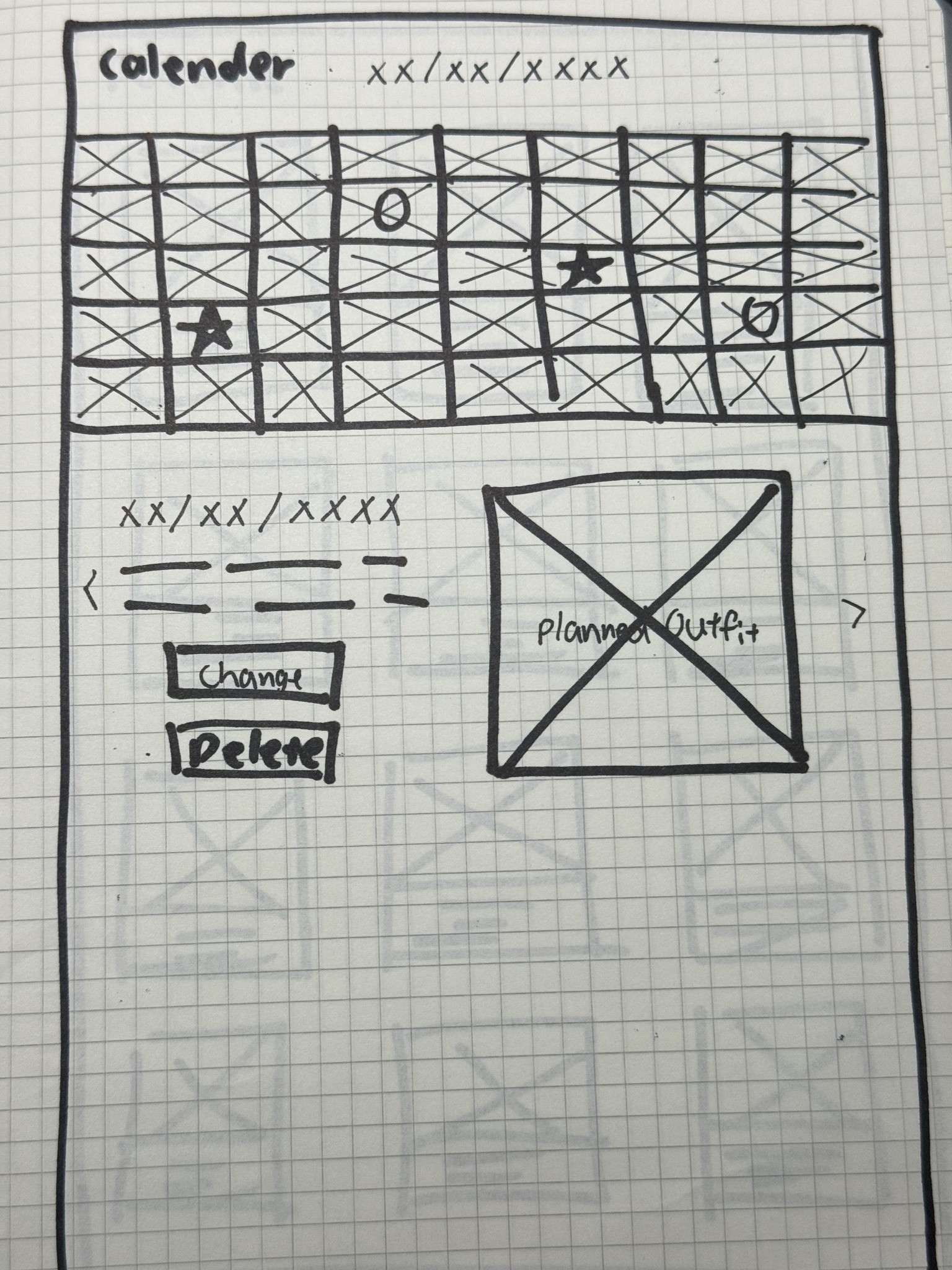 Calendar with selected dates, a planned outfit, and change and delete controls